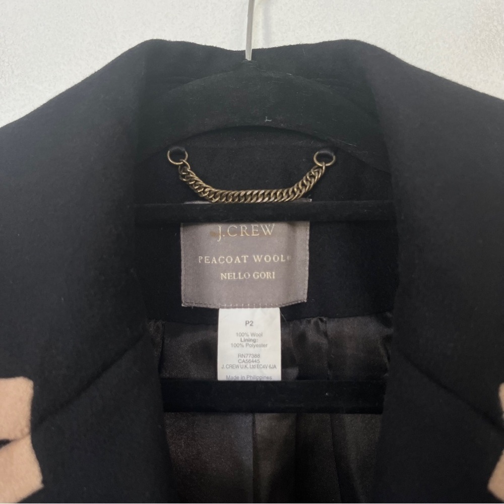 J. Crew Peacoat Wool by Nello Gori Size P2 Double Breasted Black Tan Trim - Picture 9 of 11